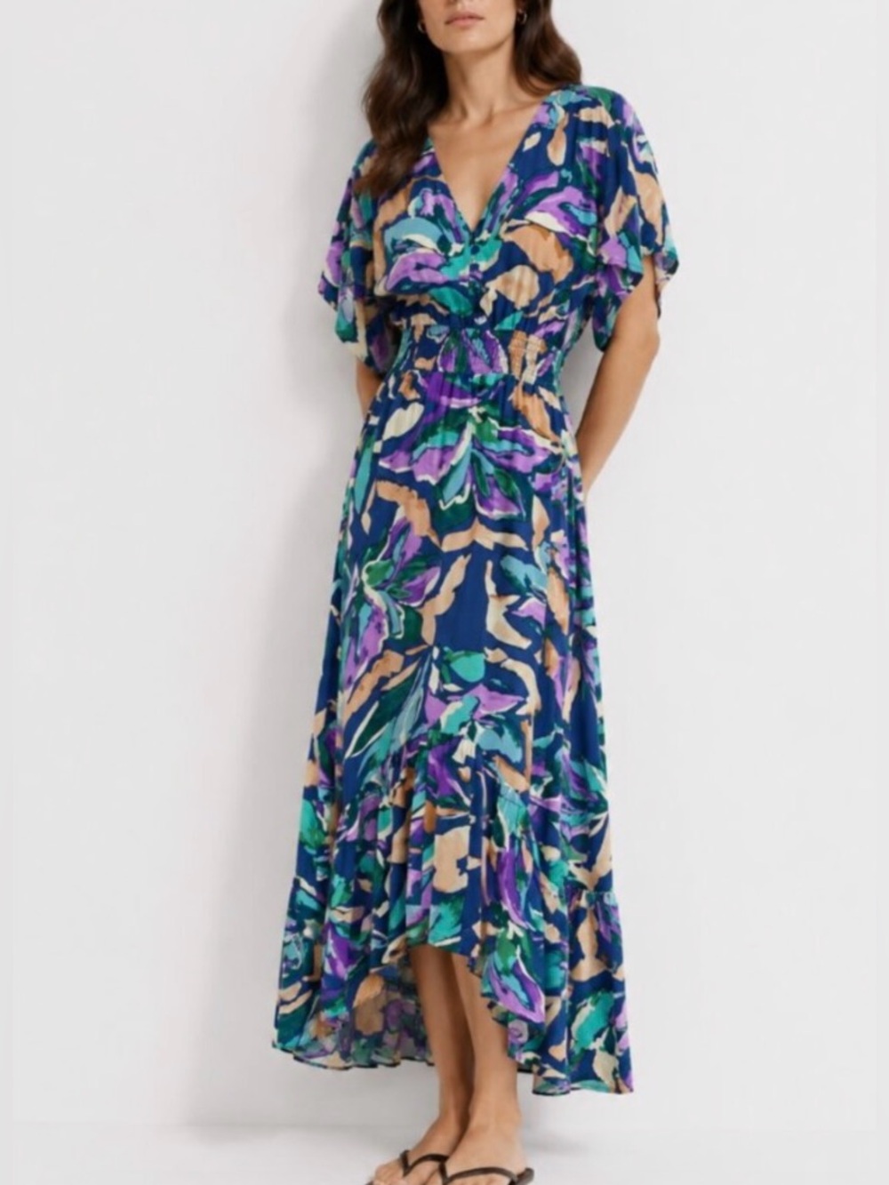 Abel the Label High Low Flowy V-Neck Tie-Back Midi Dress in Blue Floral Salvia